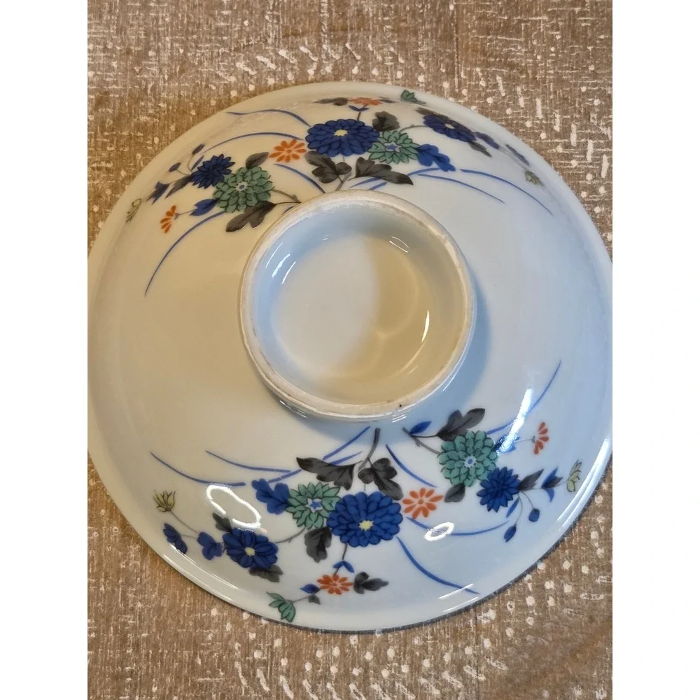 😎Vintage Japanese Floral Porcelain Lidded Rice Bowl Set Blue‎ Gold Rim Mark